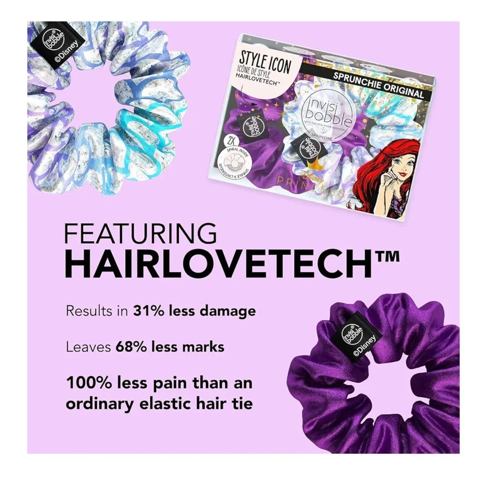 BNIB DISNEY INVISIBOBBLE STYLE ICON ARIEL PRINCESS 2 SCRUNCHIES PURPLE & SPARKLE